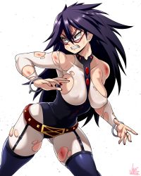 Rule 34 | 1girl, black hair, blood, blood on face, blue eyes, bodysuit, boku no hero academia, breastless clothes, breasts, bruise, clenched teeth, cowboy shot, cuffs, domino mask, covered erect nipples, gluteal fold, hair between eyes, highres, injury, jmg, large breasts, long hair, looking away, mask, midnight (boku no hero academia), mole, mole under eye, serious, solo, teeth, torn bodysuit, torn clothes, tsurime