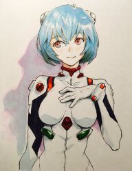 Rule 34 | 1girl, artist request, ayanami rei, blue hair, hand on own chest, highres, neon genesis evangelion, plugsuit, red eyes, shadow, solo