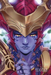 Rule 34 | 1girl, armor, artist name, bekkomi, blue skin, blurry, blurry background, closed mouth, collarbone, colored sclera, colored skin, crying, hand up, helmet, highres, holding, league of legends, looking at viewer, orange eyes, orange sclera, shyvana, slit pupils, smile, solo, tears