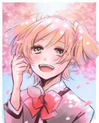 Rule 34 | 1girl, :d, absurdres, blonde hair, blue sky, blurry, blurry background, blush, border, bow, bowtie, cherry blossoms, collared shirt, commentary request, daiba nana, day, falling petals, green eyes, green ribbon, grey jacket, hair ribbon, hand in own hair, hand up, highres, jacket, long sleeves, looking at viewer, open clothes, open jacket, open mouth, outdoors, outside border, petals, red bow, red bowtie, ribbon, school uniform, seishou music academy uniform, shirt, short twintails, shoujo kageki revue starlight, sky, smile, solo, tareko, teeth, twintails, upper body, upper teeth only, white border, white shirt