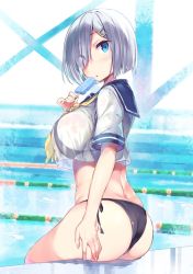 Rule 34 | 1girl, ass, bikini, blue eyes, blush, breasts, cropped shirt, curvy, day, food, from side, hair ornament, hair over one eye, hairclip, hamakaze (kancolle), hip focus, indoors, kantai collection, kibii mocha, large breasts, looking at viewer, parted lips, pool, popsicle, reflection, sailor collar, see-through, short hair, side-tie bikini bottom, sideboob, silver hair, sitting, skindentation, solo, swimsuit, thighs, wet, wet clothes, yellow neckwear
