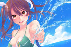 Rule 34 | 10s, 1girl, adapted costume, aqua bikini, bikini, blue sky, breasts, brown hair, cleavage, cloud, collarbone, day, female focus, foreshortening, hair ribbon, highres, hose, kantai collection, large breasts, long hair, looking at viewer, messy hair, open mouth, outdoors, ribbon, skindentation, sky, smile, solo, spraying, swimsuit, tone (kancolle), twintails, upper body, water, yami (m31)