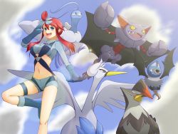 Rule 34 | 10s, 1girl, altaria, blue eyes, blue footwear, boots, breasts, cloud, creatures (company), day, game freak, gen 3 pokemon, gen 4 pokemon, gen 5 pokemon, gliscor, gloves, gym leader, hair ornament, highres, jinteitei, large breasts, midriff, navel, nintendo, open mouth, pokemon, pokemon (creature), pokemon bw, red hair, sky, skyla (pokemon), smile, staraptor, swanna, swoobat, underboob
