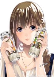 Rule 34 | 1girl, absurdres, artist name, blue eyes, bottle, braid, brown hair, collarbone, fingernails, hands up, highres, holding, holding bottle, jewelry, leaf, lips, long hair, looking at viewer, necklace, original, parted lips, shirt, sidelocks, simple background, single braid, solo, uooper, upper body, watermark, white background, white shirt