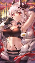 Rule 34 | 1girl, arknights, arm up, armpits, black choker, black gloves, breasts, choker, commentary request, crop top, gloves, hand up, highres, horns, long hair, long sleeves, looking at viewer, material growth, medium breasts, midriff, mudrock (arknights), mudrock (elite ii) (arknights), navel, nyamaso, oripathy lesion (arknights), outdoors, parted lips, pointy ears, red eyes, sarashi, silver hair, solo, sports bra, stomach, upper body