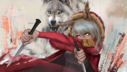 Rule 34 | 1girl, animal, animal ear fluff, animal ears, arknights, arm pouch, coat, combat knife, commentary request, fangs, fur-trimmed coat, fur trim, glowing, glowing eyes, grey hair, grey sweater, head tilt, highres, holding, holding knife, holding weapon, hood, hood up, hooded coat, knife, litado, long hair, long sleeves, looking at viewer, multicolored background, projekt red (arknights), red coat, red theme, rhodes island logo (arknights), sidelocks, solo, sweater, weapon, wolf, wolf ears, yellow eyes