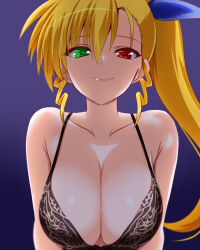 Rule 34 | 1girl, black bra, blonde hair, blue background, blush, bra, breasts, cleavage, closed mouth, collarbone, engo (aquawatery), hair ribbon, heterochromia, highres, large breasts, long hair, looking at viewer, lyrical nanoha, mahou shoujo lyrical nanoha strikers, ribbon, side ponytail, simple background, smile, solo, underwear, upper body, vivio