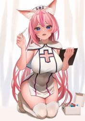 Rule 34 | 1girl, animal ears, blue eyes, box, breasts, cape, cleavage, clipboard, clothing cutout, cross cutout, dress, fang, first aid kit, fox ears, fox girl, hanayono menora, hat, highres, holding, holding clipboard, holding thermometer, indie virtual youtuber, kneeling, large breasts, long hair, looking at viewer, multicolored hair, nurse, nurse cap, ootsuka you, open box, open mouth, pink hair, scissors, second-party source, shoes, solo, streaked hair, thermometer, thighhighs, two-tone hair, virtual youtuber, white thighhighs