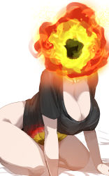 Rule 34 | 1girl, absurdres, black hole, black shirt, blouse, bottomless, bow (bhp), breasts, cleavage, collarbone, commentary request, elden ring, highres, kneeling, large breasts, leaning forward, lord of the frenzied flame (elden ring), object head, scoop neck, shirt, short sleeves, simple background, sitting, solo, spoilers, t-shirt, tarnished (elden ring), thick thighs, thighs, wariza, white background