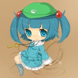 Rule 34 | 1girl, blue eyes, blue hair, cross-laced footwear, female focus, hair bobbles, hair ornament, hat, highres, katsudansou, kawashiro nitori, key, long sleeves, matching hair/eyes, short hair, smile, solo, touhou, twintails, two side up, wide sleeves