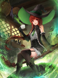 Rule 34 | 1girl, :d, absurdres, basket, black footwear, black gloves, black hat, black legwear, black skirt, book, book stack, bottle, braid, broom, broom riding, brown hair, cauldron, crystalherb, cup, elbow gloves, gloves, hat, highres, holding, holding cup, indoors, looking at viewer, open mouth, original, red eyes, shelf, sitting, skirt, smile, window, witch, witch hat