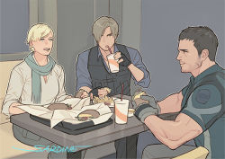 Rule 34 | 1girl, 2boys, artist name, black gloves, black hair, black pants, black vest, blonde hair, blue scarf, blue shirt, breasts, burger, chris redfield, collared shirt, cup, diner, disposable cup, drinking, drinking straw, eating, facial hair, fast food, feet out of frame, fingerless gloves, food, full mouth, gloves, grey gloves, grey pants, hair over one eye, holding, holding cup, leon s. kennedy, long sleeves, medium breasts, multiple boys, muscular, muscular male, open mouth, pants, resident evil, resident evil 6, sardine (kjr0313), scarf, sherry birkin, shirt, short hair, short sleeves, sitting, sleeves rolled up, stubble, swept bangs, table, very short hair, vest, white shirt