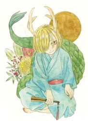 Rule 34 | 1girl, absurdres, antlers, blonde hair, blue kimono, dragon girl, dragon horns, dragon tail, highres, horns, japanese clothes, kicchou yachie, kimono, kz m i, looking at viewer, red eyes, short hair, smile, solo, tail, textless version, touhou, turtle shell, yellow horns