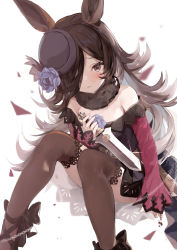 Rule 34 | 1girl, absurdres, animal ears, bare shoulders, black dress, black footwear, black hair, black hat, blue flower, blue rose, blush, brown eyes, brown thighhighs, commentary request, dagger, dress, flower, glint, hair over one eye, hand up, hat, hat flower, highres, holding, holding dagger, holding knife, holding weapon, horse ears, knees up, knife, long sleeves, looking at viewer, off-shoulder dress, off shoulder, parted lips, rice shower (umamusume), rose, shoes, sleeves past wrists, solo, thighhighs, tilted headwear, umamusume, weapon, white background, wide sleeves, yue (qtxyjiang)