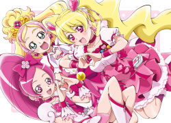Rule 34 | 00s, 10s, 3girls, :d, blonde hair, blue eyes, blush, boo (takagi), bow, choker, color connection, cure blossom, cure flora, cure peach, dutch angle, earrings, flower earrings, fresh precure!, gloves, go! princess precure, hair bow, hair ornament, hanasaki tsubomi, haruno haruka, heart, heart earrings, heart hair ornament, heart hands, heartcatch precure!, jewelry, long hair, magical girl, momozono love, multicolored hair, multiple girls, open mouth, pink bow, pink eyes, pink hair, pink skirt, ponytail, precure, simple background, skirt, smile, streaked hair, twintails, two-tone hair, waist bow, white gloves, wrist cuffs