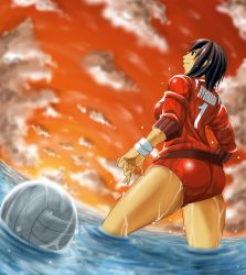 Rule 34 | 1girl, absurdres, ass, ayuhara natsu, back, bad id, bad pixiv id, ball, black hair, brown eyes, cloud, from behind, from below, highres, justice gakuen, partially submerged, re. kagaku choumiryou, sky, smile, solo, sunset, volleyball (object), wading, water, wet