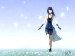 Rule 34 | 1990s (style), 1girl, arm warmers, artist request, bike shorts, black hair, boots, breasts, cleavage, closed eyes, commentary, detached sleeves, field, final fantasy, final fantasy viii, flower, gloves, highres, jayun, pencil skirt, petals, retro artstyle, rinoa heartilly, skirt, solo, walking, zipper