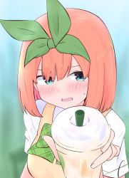 Rule 34 | 1girl, blue eyes, blurry, blurry background, blush, bow, breasts, commentary request, cup, depth of field, disposable cup, drinking straw, eyebrows hidden by hair, go-toubun no hanayome, green bow, green ribbon, hair between eyes, hair ribbon, hand up, highres, holding, holding cup, kujou karasuma, looking at viewer, medium breasts, nakano yotsuba, open mouth, orange hair, ribbon, shirt, short sleeves, signature, solo, sweat, sweater vest, upper body, white shirt