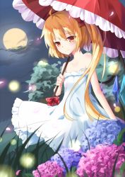 Rule 34 | 1girl, bad id, bad pixiv id, bare shoulders, blonde hair, bow, dress, flandre scarlet, flower, full moon, hydrangea, long hair, moon, parasol, red eyes, side ponytail, smile, solo, touhou, transistor, umbrella, wings