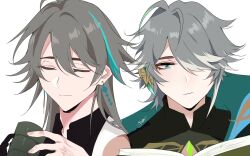 Rule 34 | 2boys, alhaitham (genshin impact), black shirt, closed eyes, closed mouth, collared shirt, commentary, company connection, cup, english commentary, facing viewer, genshin impact, green eyes, grey hair, highres, holding, holding cup, honkai (series), honkai impact 3rd, long hair, long sleeves, male focus, mihoyo, mug, multiple boys, shirt, simple background, smile, su (honkai impact), white background, yunyoho20