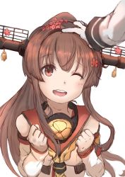 Rule 34 | 10s, 1girl, absurdres, admiral (kancolle), bare shoulders, blush, brown eyes, brown hair, clenched hands, detached sleeves, flower, gloves, hair flower, hair intakes, hair ornament, headgear, headpat, high ponytail, highres, kantai collection, long hair, long sleeves, one eye closed, open mouth, ponytail, ranf, white background, yamato (kancolle)