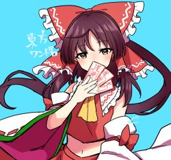 Rule 34 | 1girl, blue background, blush, bow, brown eyes, brown hair, commentary request, detached sleeves, frilled bow, frilled hair tubes, frills, hair bow, hair tubes, hakurei reimu, long hair, long sleeves, looking at viewer, mio1030, nontraditional miko, ofuda, one-hour drawing challenge, red bow, sidelocks, simple background, solo, touhou, translated