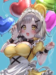 Rule 34 | 1girl, apron, balloon, blue background, blush, breasts, commentary request, detached collar, dress, grey hair, maid, maid apron, maid headdress, medium breasts, production kawaii, shee icho, simple background, solo, upper body, virtual youtuber, yayoi maka, yellow eyes