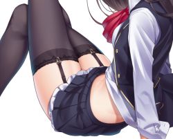 Rule 34 | 1girl, black thighhighs, commentary request, copyright request, crossed legs, facing viewer, female focus, frilled skirt, frills, garter straps, head out of frame, long hair, long sleeves, midriff, miniskirt, open cuffs, pleated skirt, ray-akila, red neckwear, simple background, skirt, solo, stomach, thighhighs, white background, zettai ryouiki