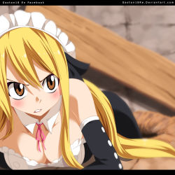 Rule 34 | 1girl, angry, bare shoulders, blonde hair, blush, breasts, brown eyes, cleavage, clenched teeth, fairy tail, gaston18, highres, long hair, lucy heartfilia, lying, maid, maid headdress, on stomach, solo, tagme, teeth