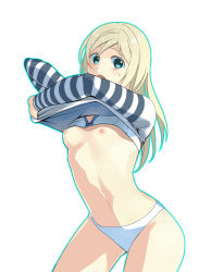 Rule 34 | 1girl, bad id, bad pixiv id, blonde hair, blue eyes, blush, bra, bra lift, breasts, clothes lift, end of eternity, flat chest, lingerie, long hair, nipples, open mouth, panties, reanbell, shiohi, shirt lift, simple background, solo, underwear, undressing, white background