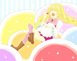Rule 34 | 1girl, beryl benito, blonde hair, boots, braid, eating, closed eyes, food, heart, long hair, open mouth, ribbon, star (symbol), tales of (series), tales of hearts, thighhighs, twintails, wide sleeves