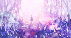 Rule 34 | 1girl, backlighting, bush, capelet, dress, forest, glowing, grass, light particles, nature, original, path, purple theme, road, sakimori (hououbds), scenery, short hair, solo, tree, triangle