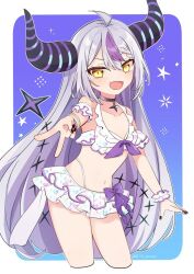 Rule 34 | 1girl, ahoge, bikini, black horns, black nails, braid, braided bangs, breasts, fang, frilled bikini, frills, grey hair, hololive, horns, la+ darknesss, looking at viewer, multicolored hair, nail polish, naka, navel, open mouth, pointy ears, purple hair, skin fang, small breasts, smile, solo, streaked hair, striped horns, swimsuit, virtual youtuber, yellow eyes