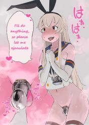Rule 34 | blonde hair, chastity cage, penis, precum, rabbit ears, sannbukousaku, shimakaze (kancolle), skirt, thighhighs, thighs, tongue, tongue out, trap