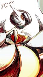 Rule 34 | 1girl, ame (metorui), bare shoulders, bob cut, character name, creatures (company), dress, elbow gloves, english text, female focus, flat chest, game freak, gardevoir, gen 3 pokemon, gloves, hair over one eye, highres, long dress, looking at viewer, mega gardevoir, mega pokemon, nintendo, one eye covered, open mouth, orange eyes, partially colored, pokemon, pokemon (creature), short hair, simple background, solo, standing, strapless, strapless dress, white background