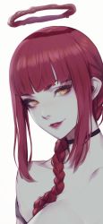 Rule 34 | 1girl, banned artist, black choker, blunt bangs, braid, chainsaw man, choker, halo, highres, light smile, lipstick, looking at viewer, makeup, makima (chainsaw man), red hair, red lips, ringed eyes, sidelocks, simple background, upper body, white background, zeronis
