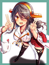 Rule 34 | 1girl, ;d, aiguillette, bare shoulders, bent over, black footwear, black hair, black thighhighs, blush, boots, breasts, brown eyes, collarbone, commentary request, detached sleeves, double v, floating hair, full body, hair between eyes, hair ornament, hairband, hairclip, haruna (kancolle), headgear, highres, japanese clothes, kantai collection, knee boots, large breasts, leaning forward, long hair, looking at viewer, nontraditional miko, one eye closed, open mouth, pleated skirt, red skirt, sidelocks, skindentation, skirt, smile, solo, swept bangs, tareme, thigh boots, thighhighs, translation request, tsukui kachou, v, wide sleeves