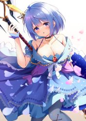 Rule 34 | 1girl, :o, bare shoulders, black choker, blue dress, blue hair, blush, breasts, choker, cleavage, commission, dress, expressionless, flower knight girl, gem, grey pantyhose, hair ornament, highres, holding, holding weapon, ipheion (flower knight girl), jewelry, looking at viewer, miso (misomiso 154), necklace, pantyhose, petals, purple eyes, short hair, skeb commission, solo, weapon