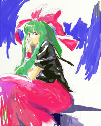 Rule 34 | 1girl, bow, covered mouth, covering own mouth, female focus, green hair, hair bow, hand over own mouth, kagiyama hina, lefthand, long hair, marker (medium), red eyes, sitting, sketch, solo, staring, touhou, traditional media