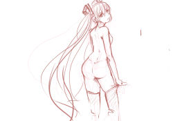 Rule 34 | 1girl, ass, back, breasts, hatsune miku, highres, long hair, monochrome, nude, panties (pantsu-pirate), sketch, solo, thighhighs, thighhighs pull, twintails, very long hair, vocaloid