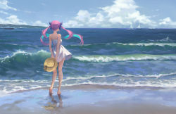 Rule 34 | 1girl, arms behind back, bare arms, bare legs, bare shoulders, barefoot, beach, blue hair, blue sky, boat, cloud, colored inner hair, commentary request, day, dress, from behind, hair ribbon, hat, highres, holding head, hololive, horizon, long hair, minato aqua, multicolored hair, ocean, outdoors, purple hair, purple ribbon, reflection, ribbon, ruien (wu jui-en), sailboat, scenery, short dress, sky, sleeveless, sleeveless dress, solo, standing, sun hat, sundress, twintails, two-tone hair, unworn hat, unworn headwear, virtual youtuber, water, watercraft, waves, white dress, wide shot