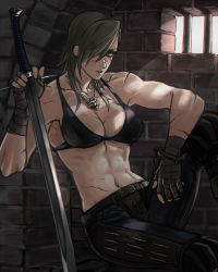 Rule 34 | 1girl, abs, belt, black pants, bra, breasts, cleavage, drill (emilio), fantasy, female focus, fingerless gloves, gloves, grey hair, hair over one eye, highres, iron bars, jewelry, muscular, muscular female, navel, necklace, original, pants, parted lips, prison, scar, scar on face, scar on nose, solo, swept bangs, sword, underwear, weapon