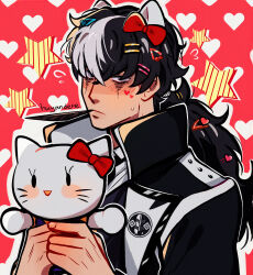 Rule 34 | 1boy, absurdres, ace attorney, animal ears, artist name, black hair, black jacket, blush, bow, cat ears, closed mouth, collared jacket, collared shirt, feather in mouth, grey eyes, hair bow, heart, heart background, heart hair, heart on cheek, hello kitty (character), high collar, highres, holding, holding stuffed toy, huyandere, jacket, long hair, looking at viewer, low ponytail, male focus, multicolored hair, portrait, red background, red bow, runny makeup, shirt, simon blackquill, solo, star (symbol), stuffed animal, stuffed cat, stuffed toy, sweat, too many hairclips, two-tone hair, very long hair, white hair