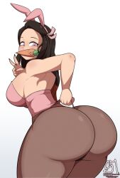 Rule 34 | 1girl, animal ears, artist name, ass, bare shoulders, black hair, blush, breasts, brown hair, carrot, clothes pull, fake animal ears, food in mouth, from behind, hair ribbon, highres, huge ass, kamado nezuko, kimetsu no yaiba, large breasts, leotard, long hair, looking at viewer, looking back, multicolored hair, pantyhose, pink eyes, pink ribbon, playboy bunny, rabbit ears, ribbon, semidraws, sideboob, simple background, solo, thick thighs, thighs, v, wedgie, white background, wide hips