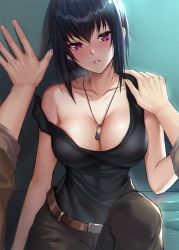 Rule 34 | 1boy, 1girl, against wall, bare shoulders, belt, black hair, black pants, blush, breasts, cleavage, collarbone, commentary, english commentary, full metal panic!, hand on another&#039;s shoulder, head tilt, hetero, highres, jewelry, kabedon, kernel killer, knee up, large breasts, melissa mao, necklace, pants, parted lips, pink eyes, red lips, revision, short hair, sitting, solo focus, strap slip, tank top, upper body