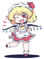 Rule 34 | 1girl, ;d, @ @, adapted costume, alternate costume, apron, ascot, blonde hair, breasts, chahan (fried rice0614), chibi, collared dress, commentary request, crystal, dress, fang, flandre scarlet, frills, full body, hair between eyes, hair ribbon, hat, hat ribbon, highres, jewelry, leg up, looking at viewer, looking to the side, maid, maid headdress, medium breasts, multicolored wings, one-hour drawing challenge, one eye closed, one side up, open mouth, puffy short sleeves, puffy sleeves, red dress, red eyes, red footwear, red ribbon, ribbon, shadow, shoes, short hair, short sleeves, simple background, smile, socks, solo, standing, standing on one leg, tongue, touhou, white apron, white background, white socks, wings, yellow ascot