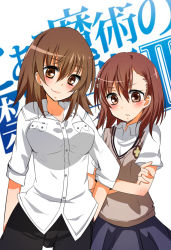 age_difference brown_eyes brown_hair hair_ornament hairpin highres misaka_mikoto misaka_misuzu mother_and_daughter school_uniform shromann skirt toaru_majutsu_no_index