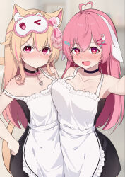 Rule 34 | 2girls, :d, absurdres, ahoge, alternate costume, angry, animal ear fluff, animal ears, apron, asymmetrical docking, atsuishio, black choker, black dress, blonde hair, blush, bow, breast press, breasts, cat ears, cat mask, cat tail, chinese commentary, chiram (vtuber), choker, collarbone, commentary request, dress, drooling, enmaided, eye mask, female pervert, floppy ears, frilled choker, frills, gradient hair, hair bow, hair flaps, hair ornament, hairclip, hand on own hip, hand up, heart, heart-shaped pupils, heart ahoge, heart pendant, highres, large breasts, long hair, looking at viewer, lop rabbit ears, maid, mask, mask on head, mole, mole on breast, multicolored hair, multiple girls, nose blush, open mouth, pendant choker, pervert, pink bow, pink eyes, pink hair, pout, providence project, rabbit ears, rabbit hair ornament, reaching, reaching towards viewer, selfie, shirako (vtuber), sleep mask, small breasts, smile, streaked hair, symbol-shaped pupils, tail, v-shaped eyebrows, virtual youtuber, white apron, x hair ornament, yellow tail