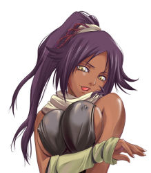 Rule 34 | 00s, 1girl, bleach, breasts, breasts squeezed together, covered erect nipples, dark-skinned female, dark skin, large breasts, naughty face, nipples, ponytail, purple hair, q-gaku, shihouin yoruichi, simple background, solo, tongue, tongue out, white background, yellow eyes