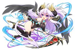 Rule 34 | 1girl, black wings, blush, boots, breasts, demon horns, demon tail, detached sleeves, eteru (mofuaki), fang, feathered wings, full body, high heel boots, high heels, horns, large breasts, long hair, looking at viewer, mofuaki, open mouth, original, pointy ears, purple eyes, purple hair, scythe, simple background, solo, tail, thigh boots, thighhighs, white background, wings